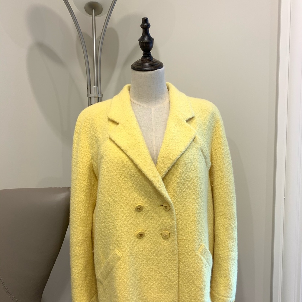 CHANEL Yellow Double-Breasted Bouclé Pea Coat